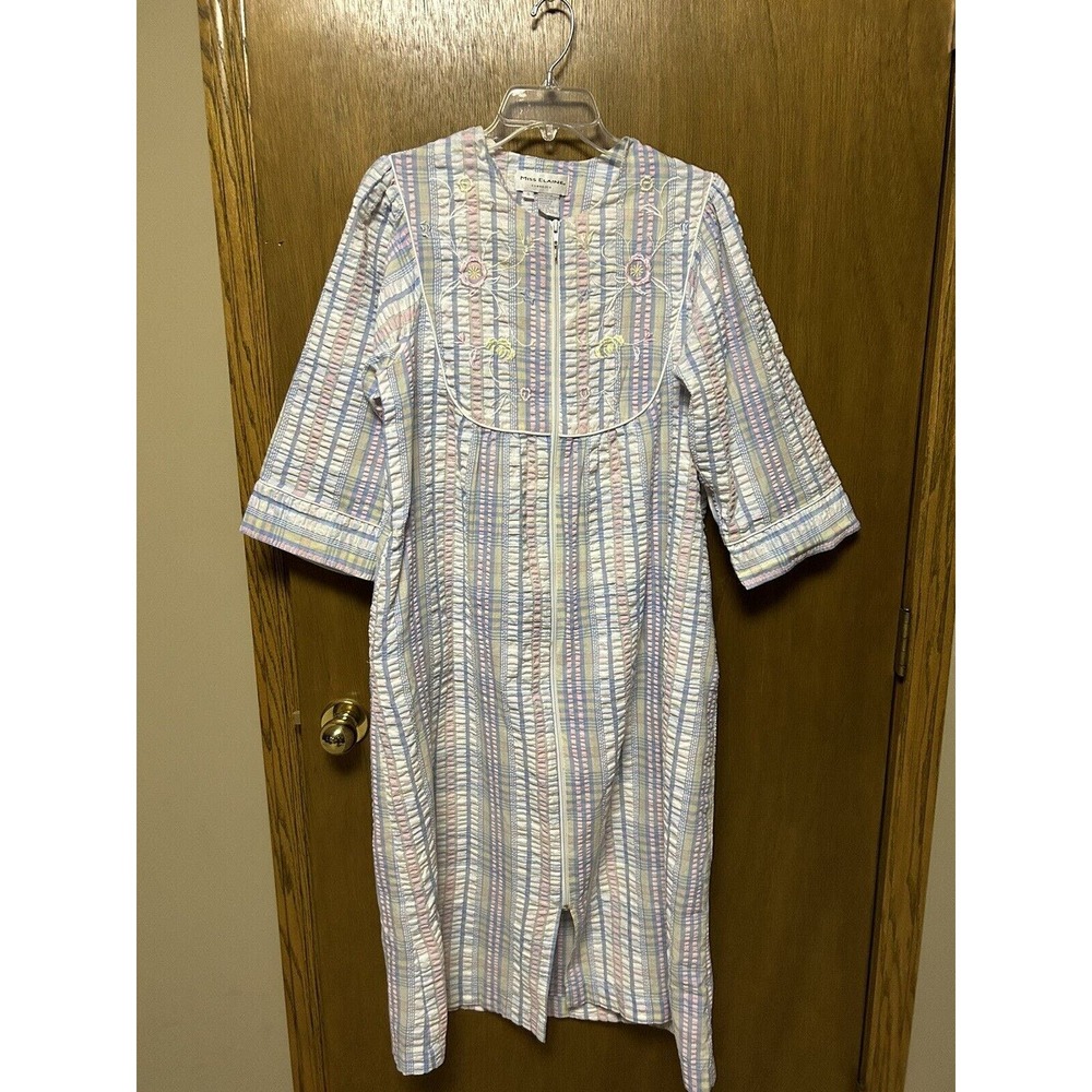 MISS ELAINE size S Seersucker Housecoat Zip Robe Midi Night Dress Striped Y22